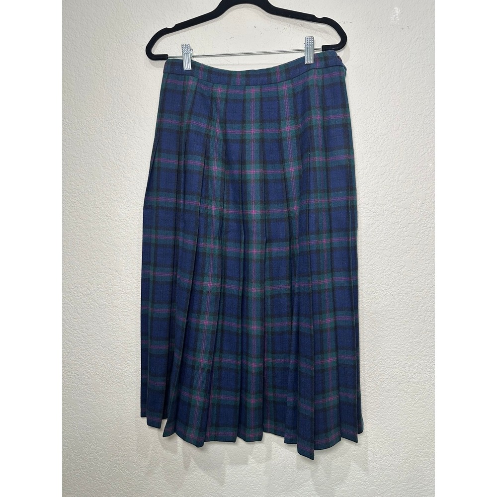 Wool Pendleton Vintage Plaid Pleated Midi Skirt Baird Tartan‎ Blue Green Pink 12